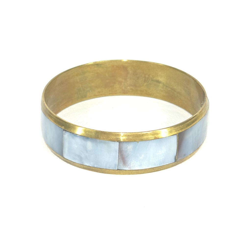 Vintage Mother of Pearl Inlay Brass Bangle Cuff Bracelet Philippine Handmade‎